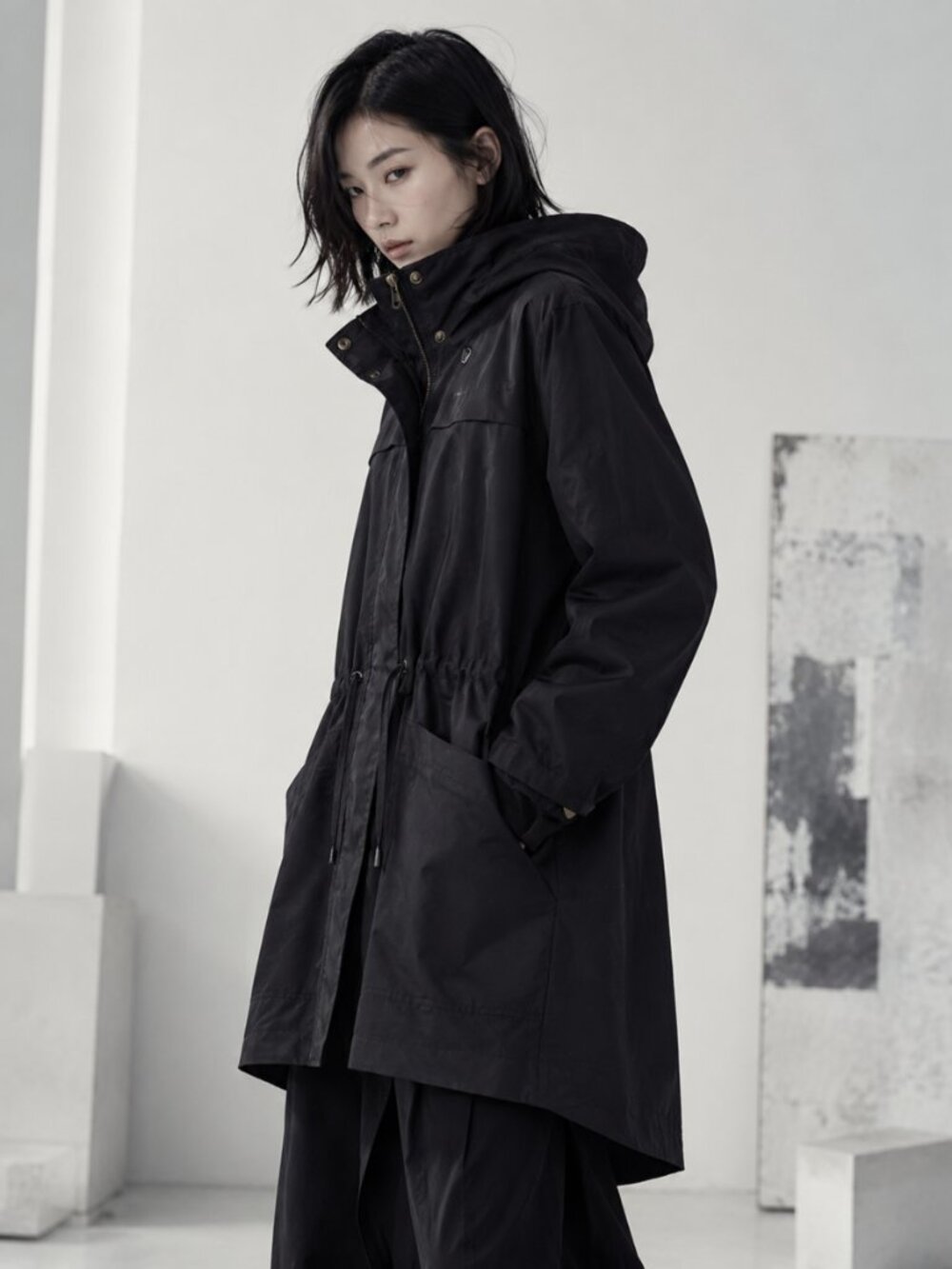 Hooded Parka Jacket L Black Grunge Academia Minimalist Fall